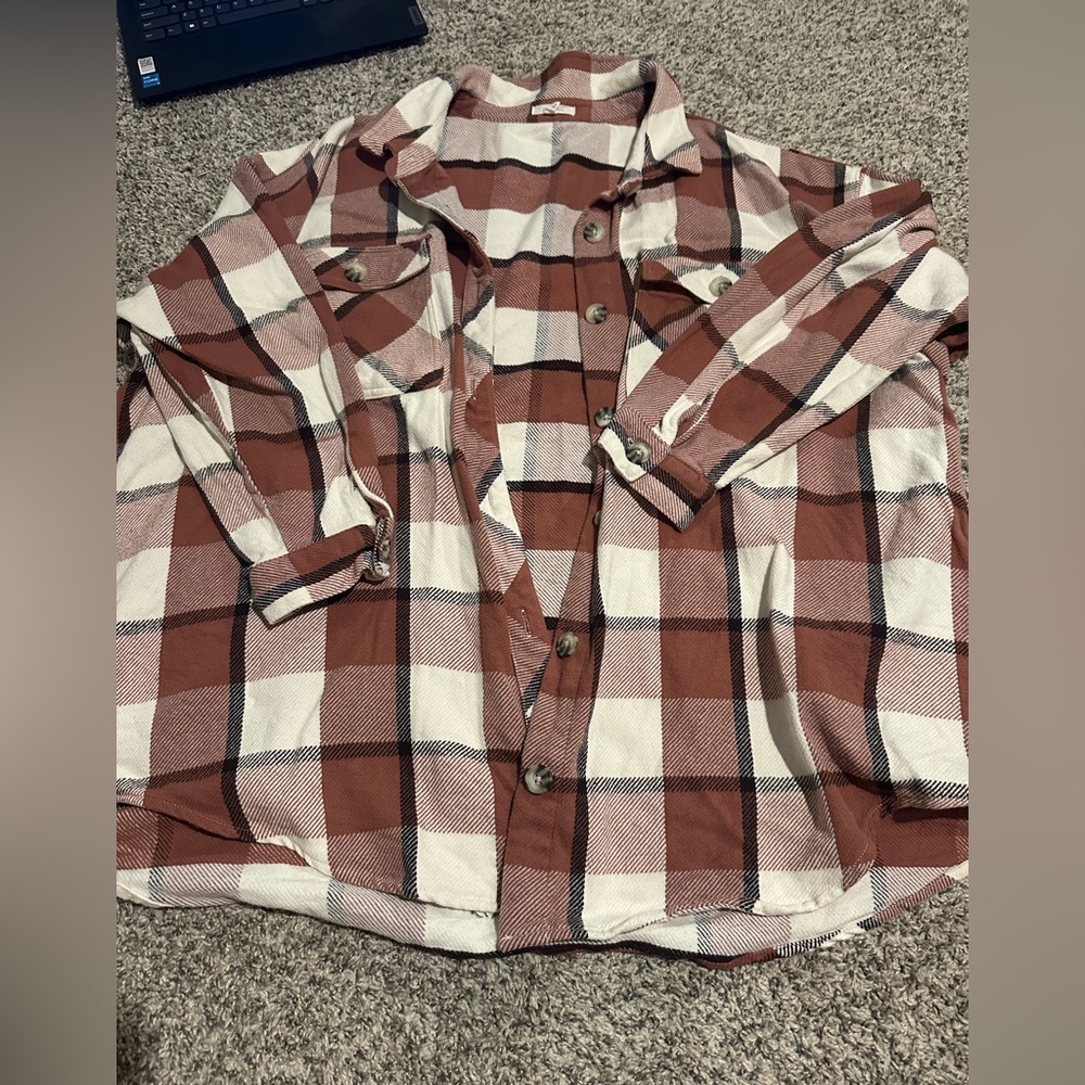 Maurices Women's Casual Plaid Button-Down Shirt - Rust and Cream